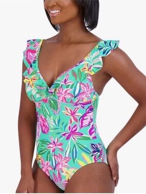 Stella Parker Tropical Floral Ruffle One-Piece Swimsuit size M